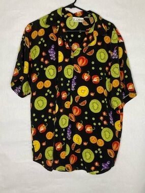 Vintage Le Caviar Fruit Print Button Down Large Black Tropical Kiwi Retro Bold